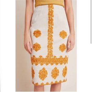 Anthropologie Verona Embroidered Pencil Skirt Khaki and Orange